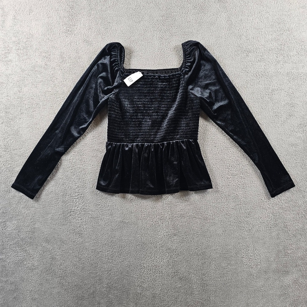 GAP Black Velvet Smocked Peplum Top‎ Square Neck Long Sleeve Small Petite SP